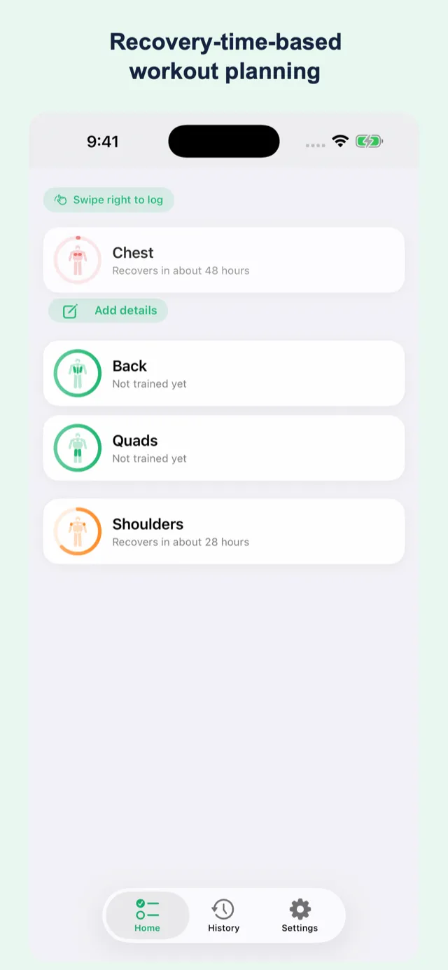 Home screen showing a recovery checklist of muscle groups