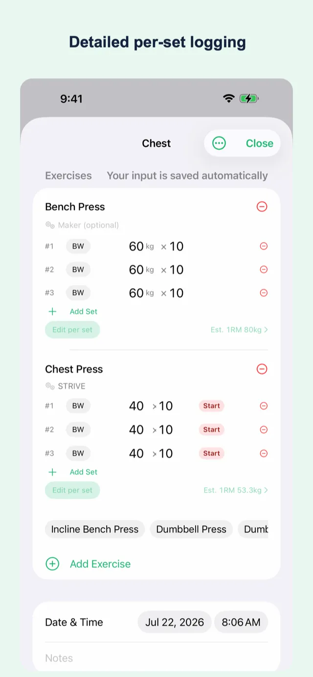 Logging screen with one-line sets, weight, and reps input