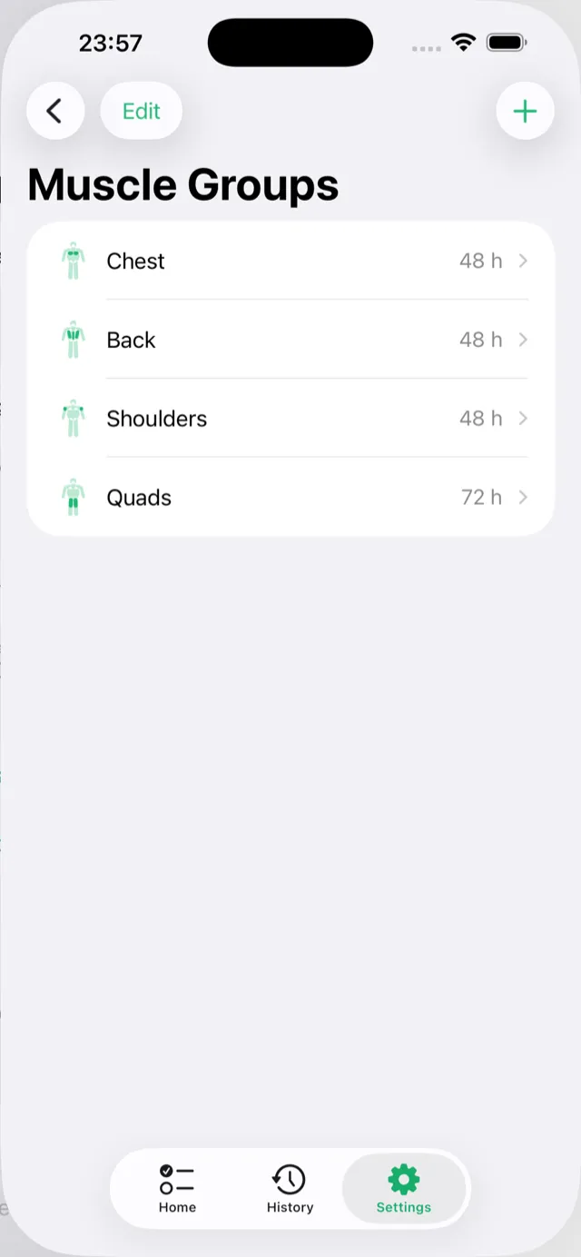 Muscle group list with adjustable recovery times for 14 groups